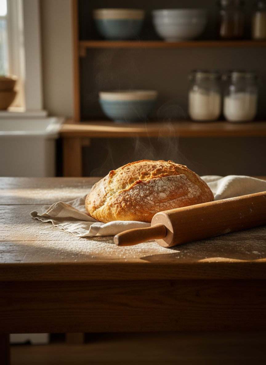 A warmly lit farmhouse kitchen table made of weathered oak, its surface dusted with a light scattering of flour and a wooden rolling pin resting diagonally across. At the center sits a golden, freshly baked loaf of rustic bread on a simple linen cloth in soft cream, with a crust that shows detailed texture and small cracks. In the background, softly blurred, are open shelves with neatly stacked mixing bowls and jars of flour and sugar. Early afternoon natural light filters through an unseen window, casting gentle, inviting shadows. Photographic realism, eye-level composition with a shallow depth of field, creating a cozy, homely atmosphere that celebrates everyday baking comfort.