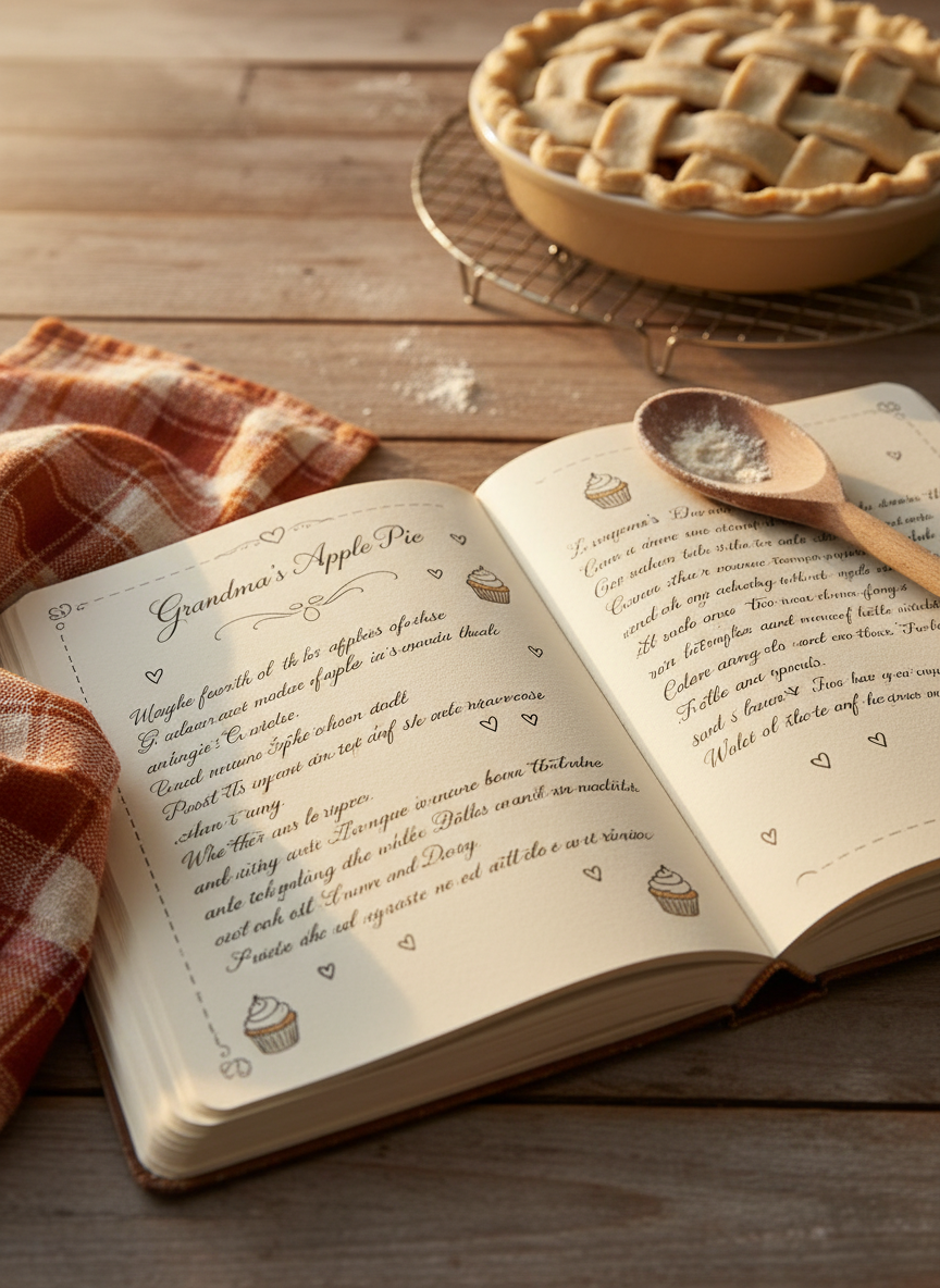 A cheerful, photographic scene of an open recipe journal with slightly textured cream pages, lying on a rustic kitchen table. Neat handwritten notes and small doodles of cupcakes and hearts fill the visible page, with a simple recipe title at the top. A flour-dusted wooden spoon rests diagonally across one corner of the journal, and a plaid kitchen towel in warm oranges and reds peeks in from the side. In the softly blurred background, a pie dish with an unbaked, crimped crust sits ready. Late afternoon golden-hour light streams across from the left, creating warm highlights on the paper and gentle shadows that add depth. Eye-level composition with a cozy, nostalgic mood, capturing the warmth of a baking lifestyle journal.