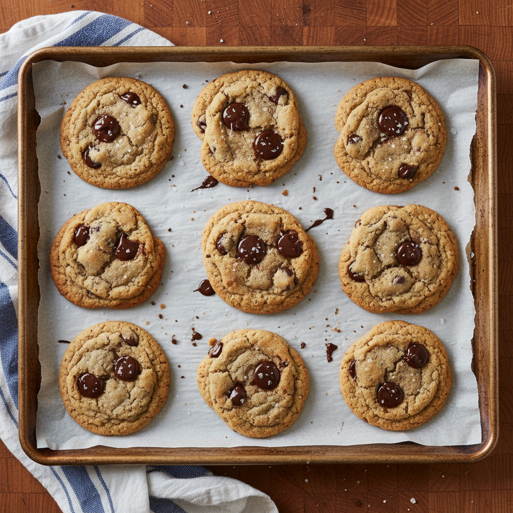 An overhead view of a large, well-loved metal baking sheet lined with parchment paper, filled with an irregular grid of chocolate chip cookies in different stages of cooling. Some cookies are perfectly round, others slightly spread, with melty chocolate puddles and crisp golden-brown edges. A light dusting of sea salt catches the light on a few. The baking sheet rests on a butcher-block countertop with a striped dish towel half tucked underneath. Soft, diffused morning light from the side creates gentle highlights on the chocolate and subtle shadows around each cookie. Photographic realism, bright and playful mood, with a clean yet lived-in kitchen aesthetic that feels approachable and joyful.